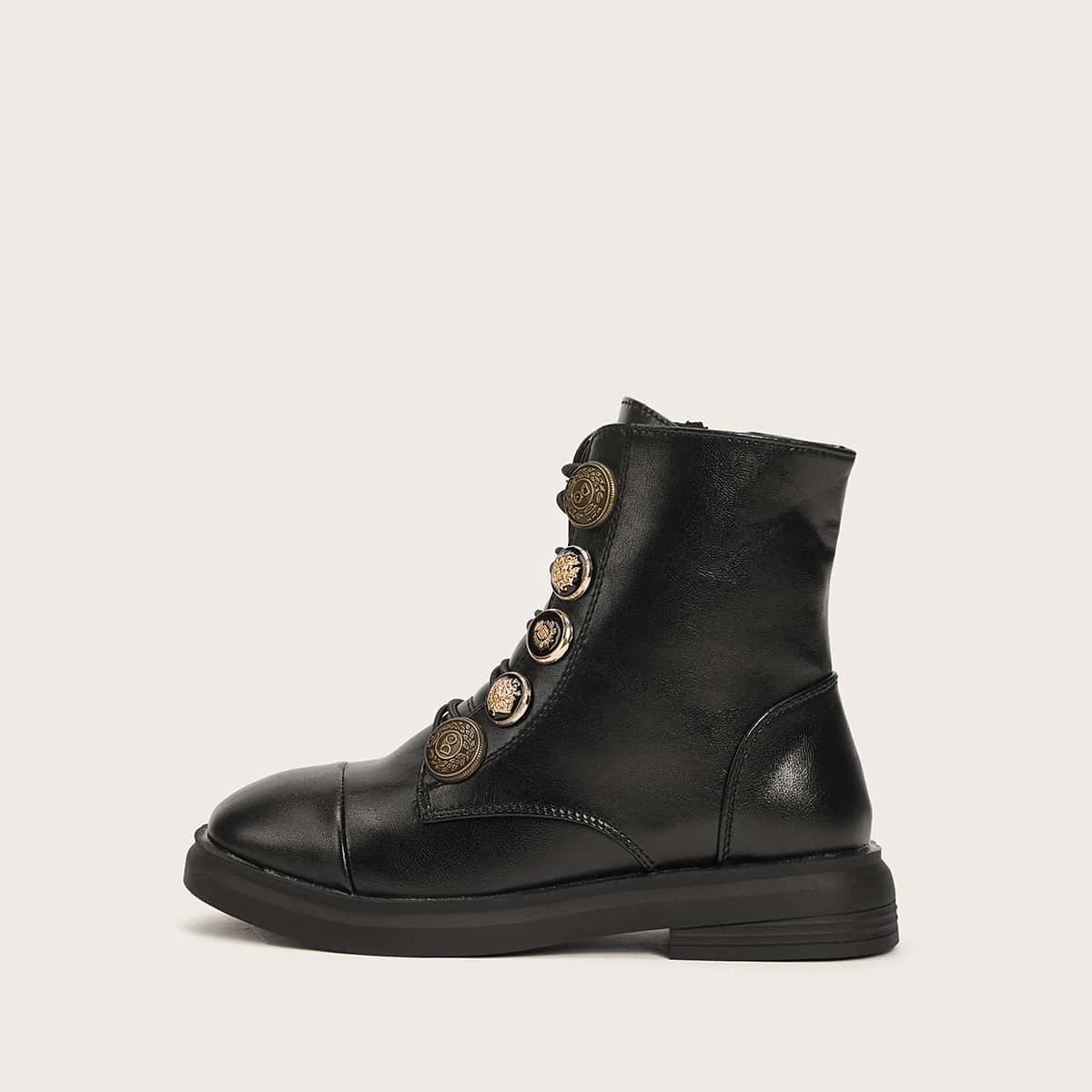 

Button Decor Zip Side Combat Boots, Black