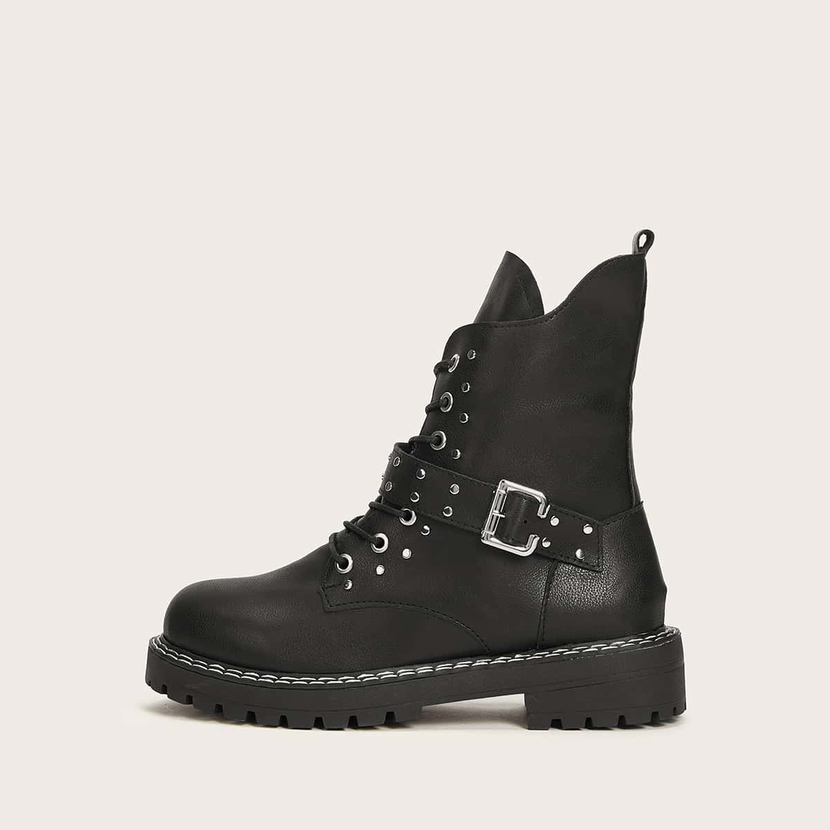 

Buckle Decor Lace Up Combat Boots, Black
