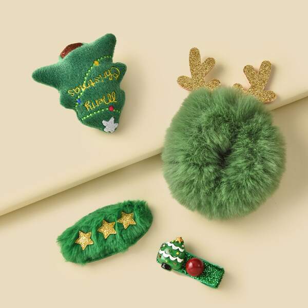 

4pcs Christmas Tree Decor Hair Clip & Hair Tie, Green