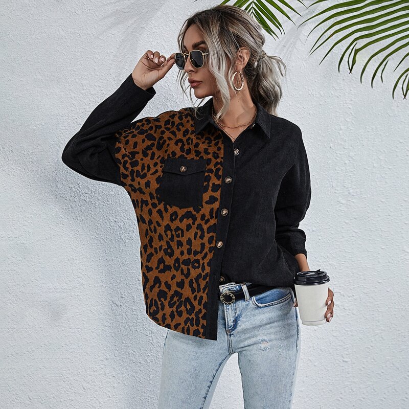

Contrast Leopard Print Flap Pocket Corduroy Coat, Black