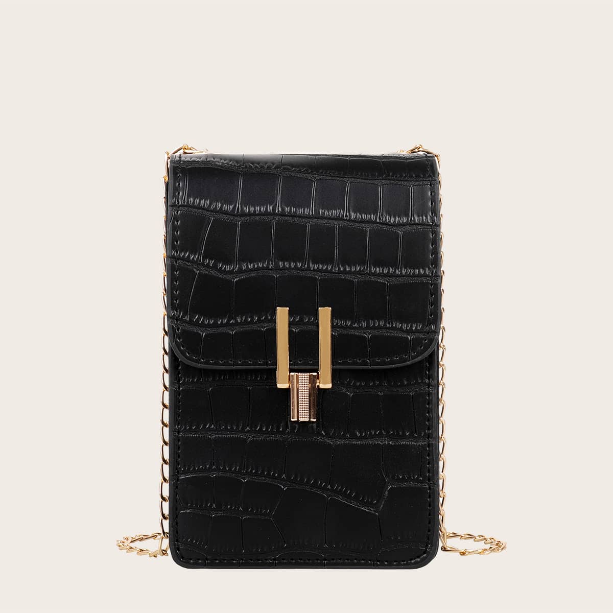 

Croc Embossed Flap Chain Crossbody Bag, Black