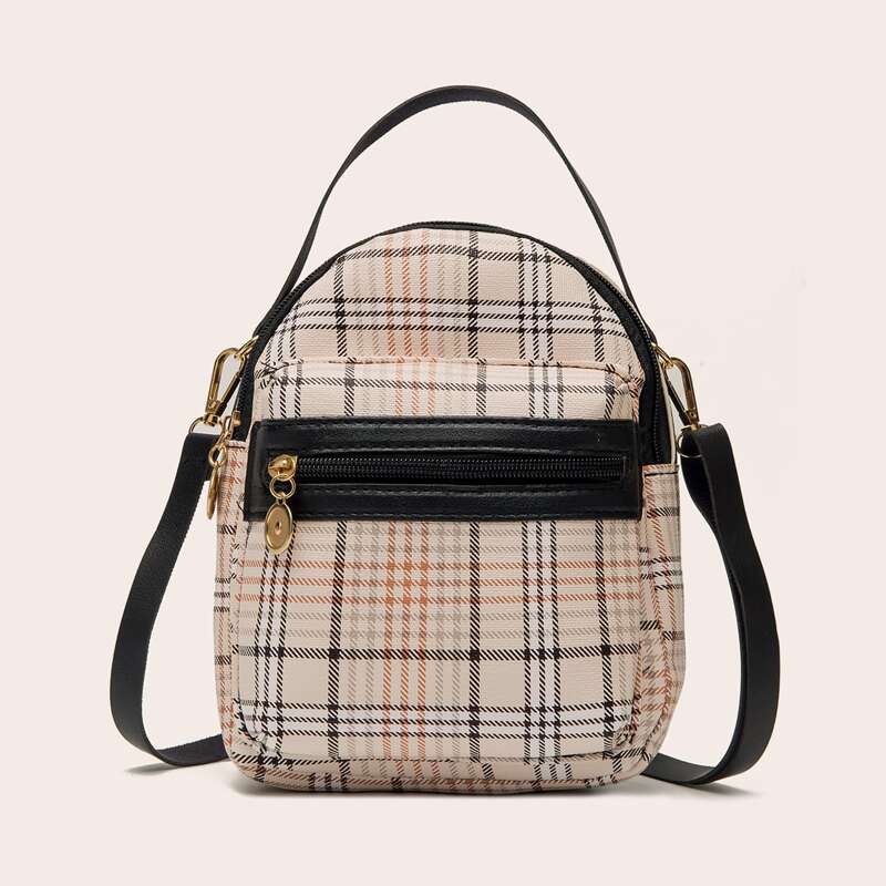 

Plaid Pattern Zip Front Backpack, Khaki