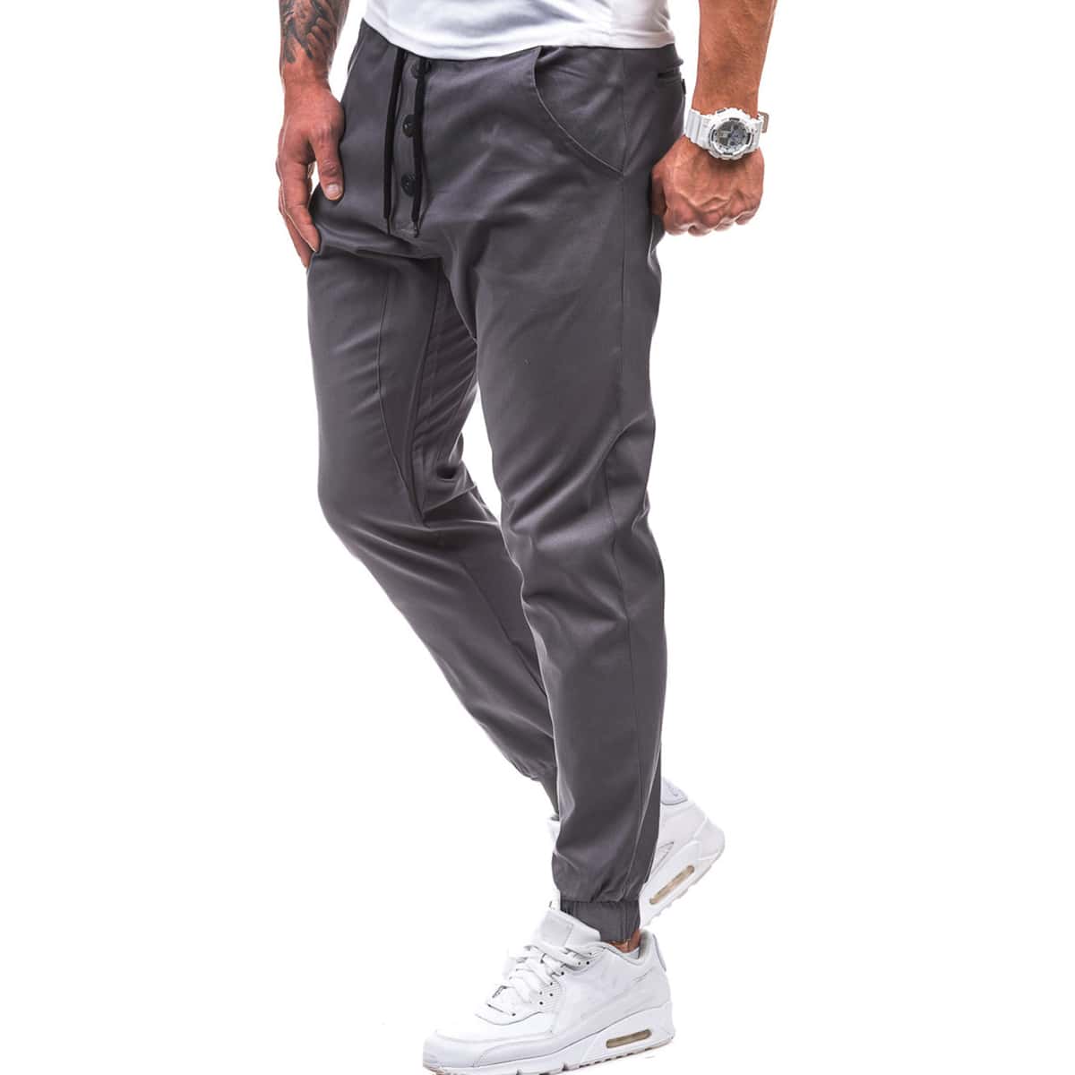 

Guys Solid Button Front Pants, Dark grey