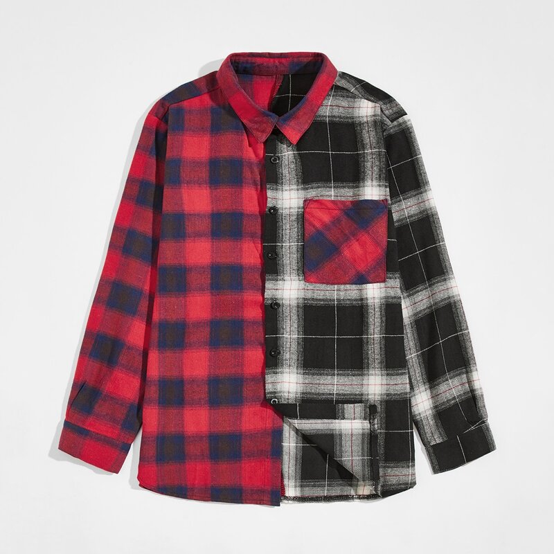 

Guys Plaid Colorblock Button Through Pocket Front Shirt, Multicolor