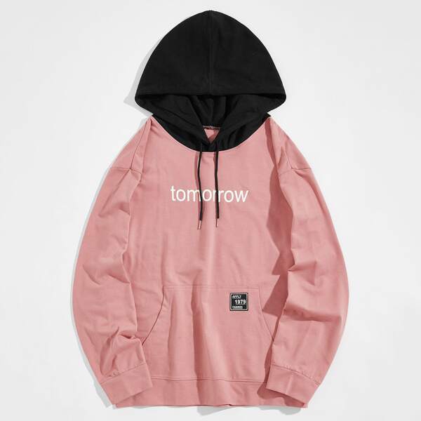 

Men Letter Graphic Contrast Hooded Sweatshirt, Coral pink