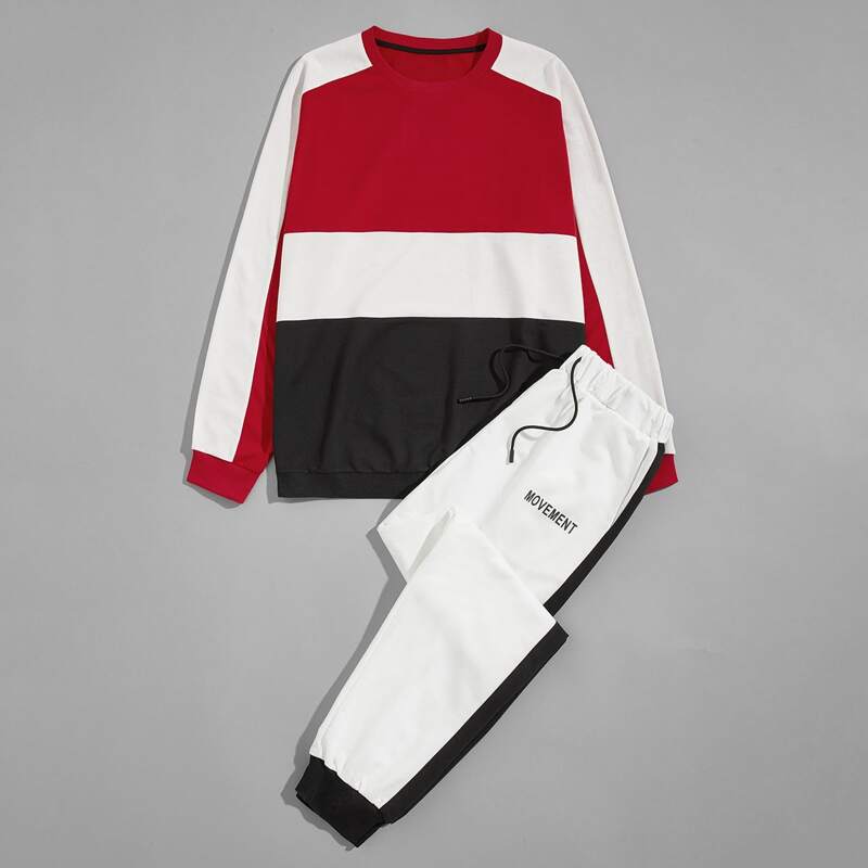 

Guys Contrast Panel Sweatshirt With Letter Graphic Sweatpants, Multicolor