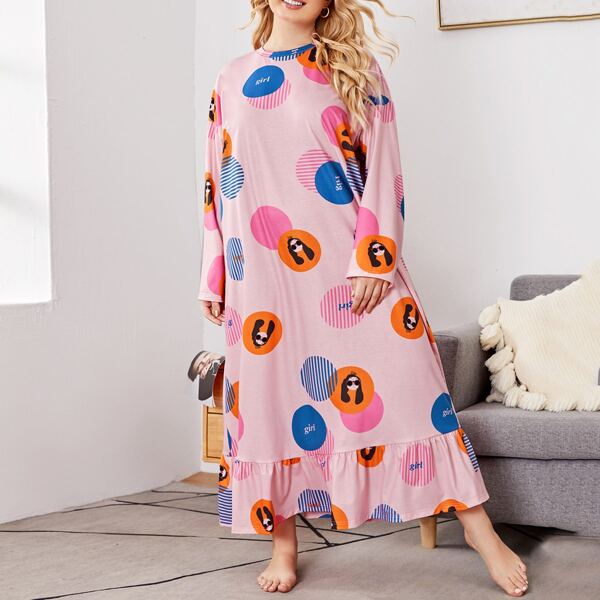 

Plus Letter & Figure Graphic Ruffle Hem Nightdress, Baby pink