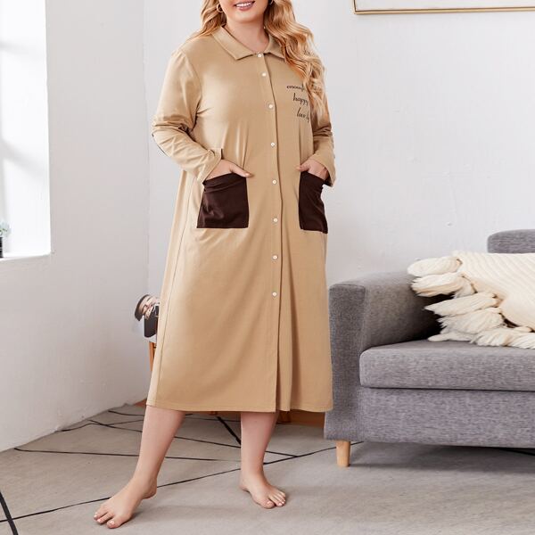 

Plus Slogan Graphic Patch Pocket Nightdress, Apricot