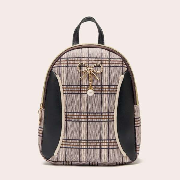 

Faux Pearl & Bow Decor Plaid Backpack, Khaki