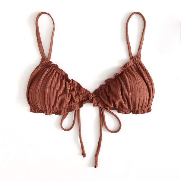 

Ribbed Ruffled Self-Tie Triangle Bikini Top, Khaki