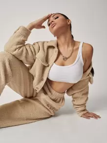 SHEIN Letter Embroidered Teddy Jacket - Khaki - View 1