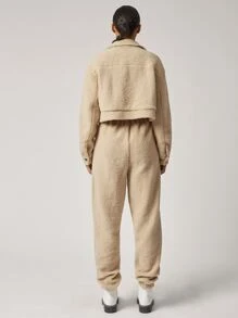 SHEIN Letter Embroidered Teddy Jacket - Khaki - View 2