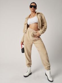 SHEIN Letter Embroidered Teddy Jacket - Khaki - View 3