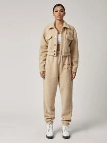 SHEIN Letter Embroidered Teddy Jacket - Khaki - View 4