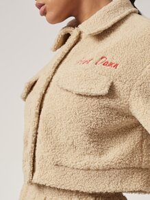 SHEIN Letter Embroidered Teddy Jacket - Khaki - View 6