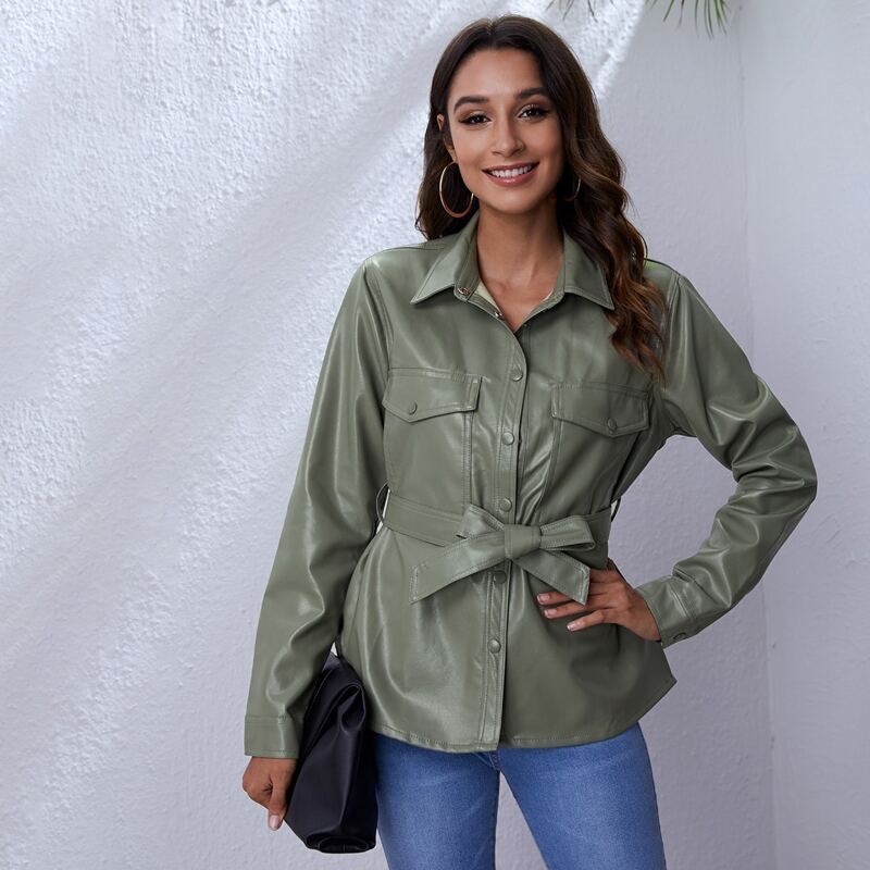 

Single Breasted Belted PU Leather Coat, Army green