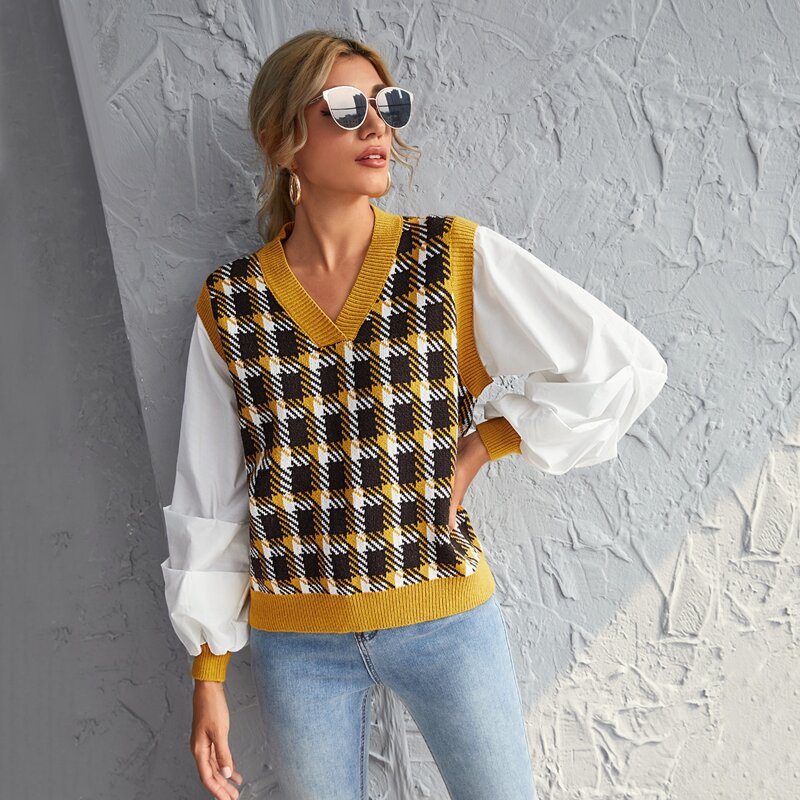 

Plaid Pattern V Neck Sweater Vest, Multicolor