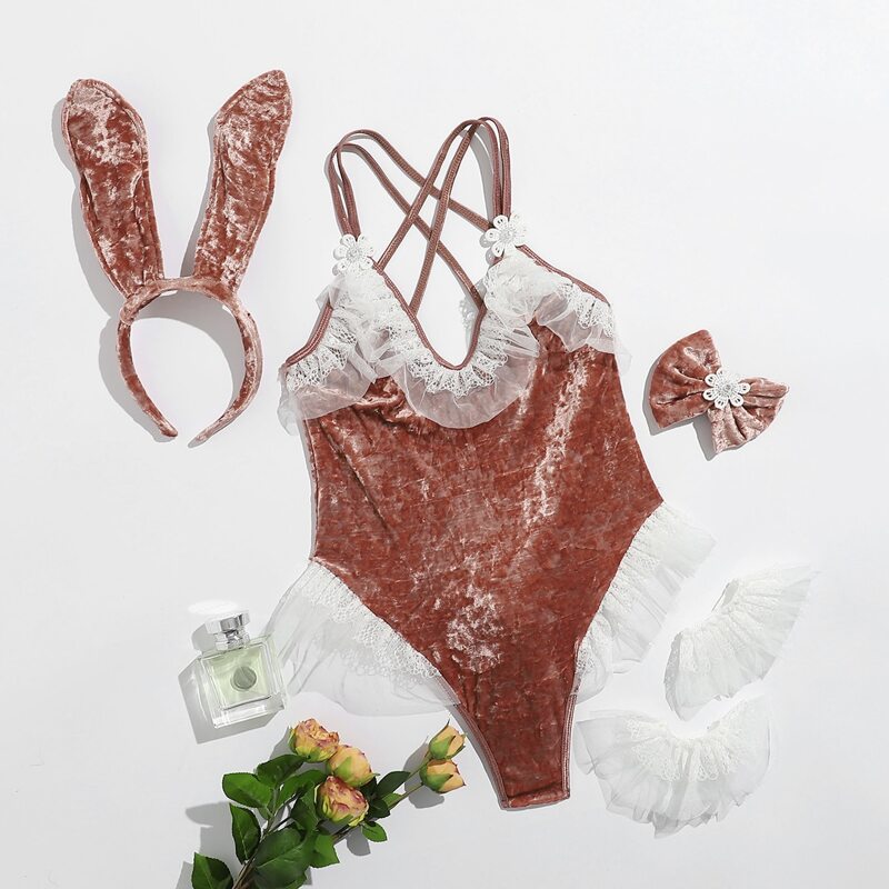 

6pack Lace Trim Velvet Bodysuit Rabbit Costume Set, Redwood