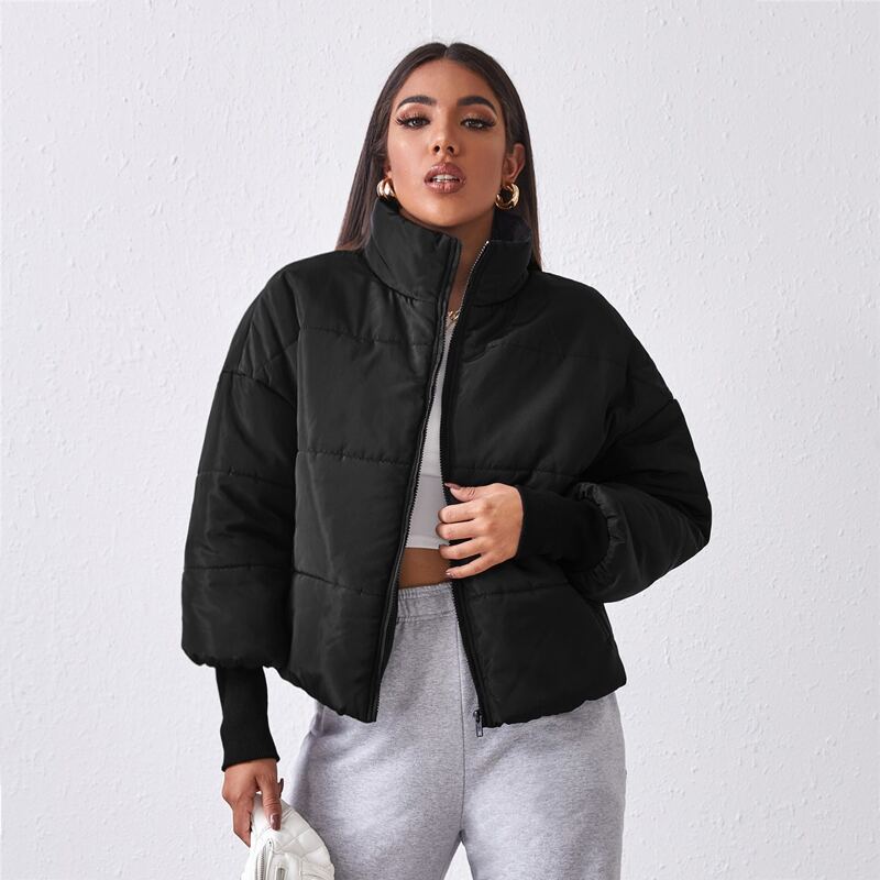 

High Neck Lantern Sleeve Puffer Jacket, Black