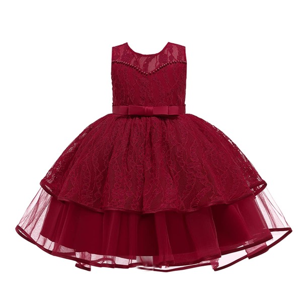 

Girls Contrast Lace Beaded Bow Back High Low Hem Gown Dress, Burgundy
