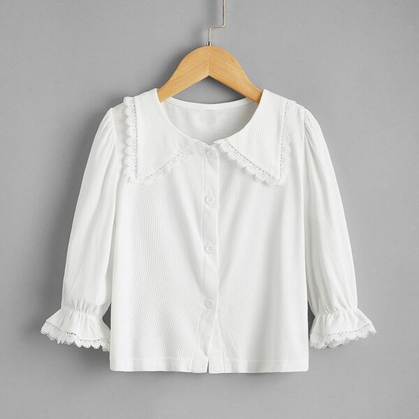 

Toddler Girls Button Front Scallop Trim Rib-knit Tee, White