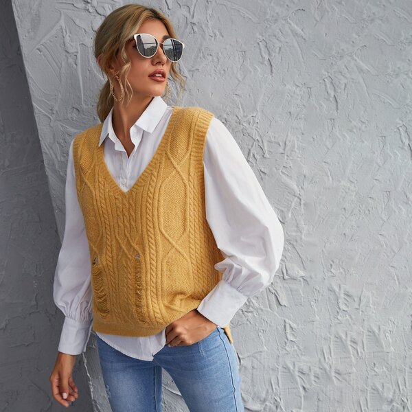 

V-neck Ripped Cable Knit Sweater Vest, Mustard yellow