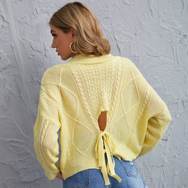 

Tie Back Cable Knit Batwing Sleeve Sweater, Yellow