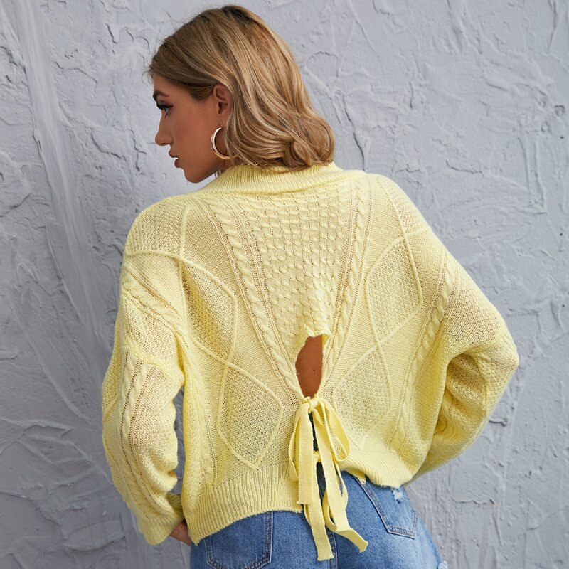 

Tie Back Cable Knit Batwing Sleeve Sweater, Yellow