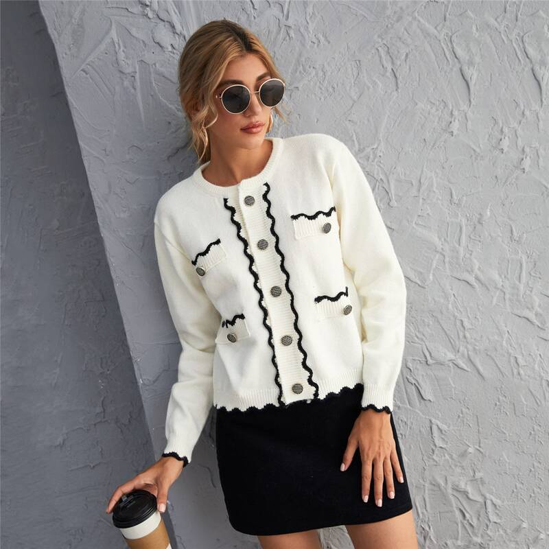 

Contrast Binding Button Front Cardigan, White