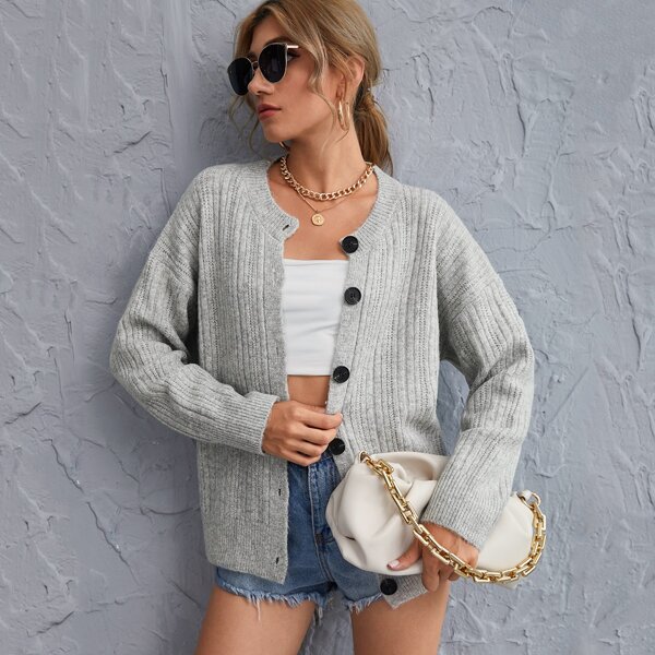 

Drop Shoulder Button Front Cardigan, Grey
