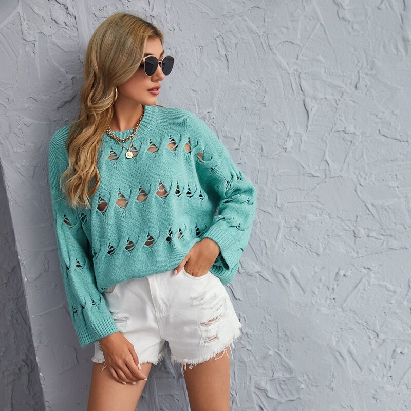 Drop Shoulder Cut Out Sweater, Mint blue