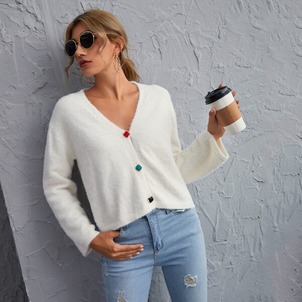 

V-neck Button Front Fluffy Knit Cardigan, White
