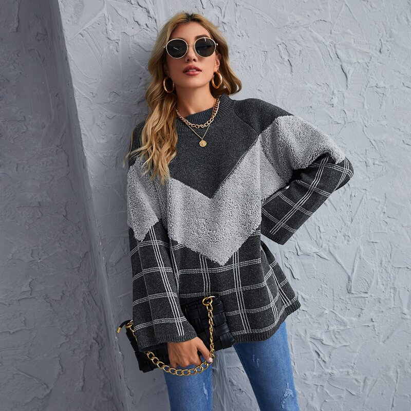 

Chevron Panel Plaid Raglan Sleeve Sweater, Grey