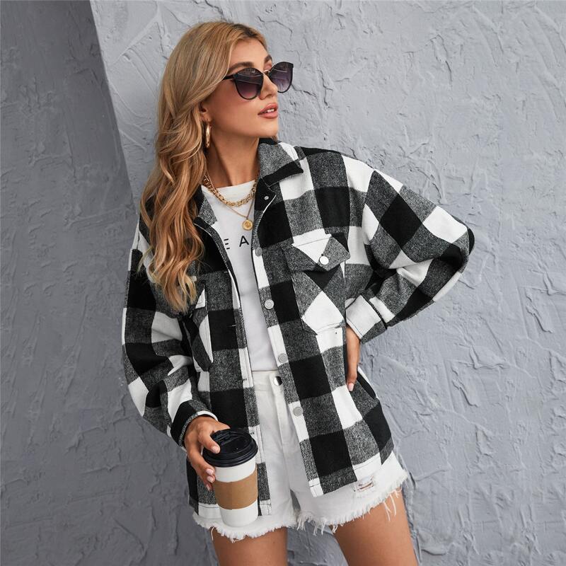 

Gingham Flap Pocket Button Up Coat, Black and white