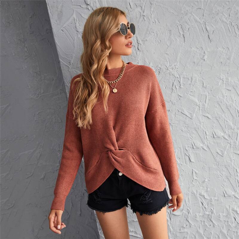 

Twist Hem Ribbed Knit Sweater, Redwood
