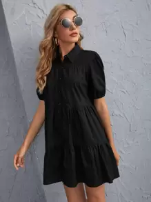 GENKIRA 泡泡袖紐扣荷葉邊下擺洋裝 - 黑色 - 查看 4