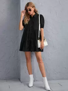 GENKIRA 泡泡袖紐扣荷葉邊下擺洋裝 - 黑色 - 查看 5