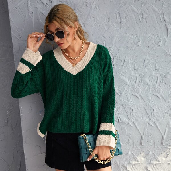

Cable Knit Drop Shoulder Slit Hem Sweater, Dark green