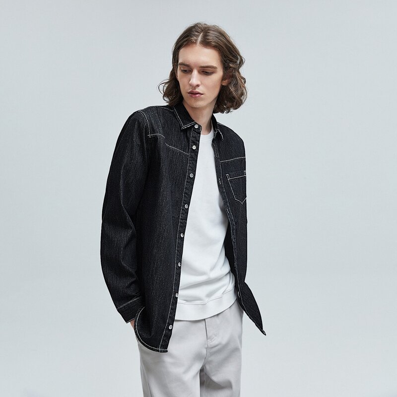 

Guys Contrast Stitch Denim Shirt, Black
