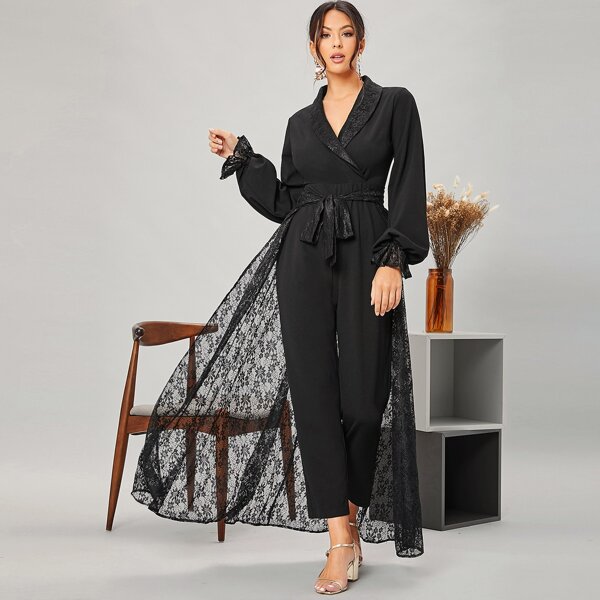 

Shawl Neck Lantern Sleeve Jumpsuit With Lace Skirt, Black