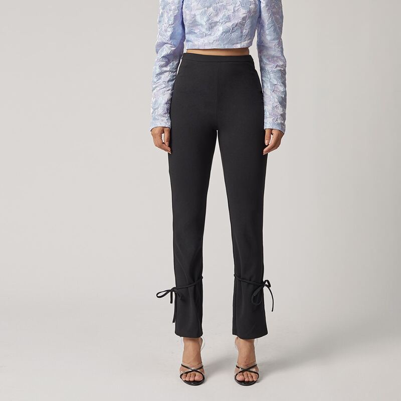 

Knot Hem Solid Pants, Black