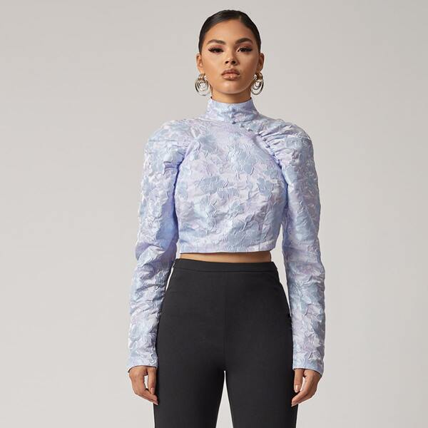 

Ruched Raglan Sleeve Jacquard Flower Crop Top, Multicolor