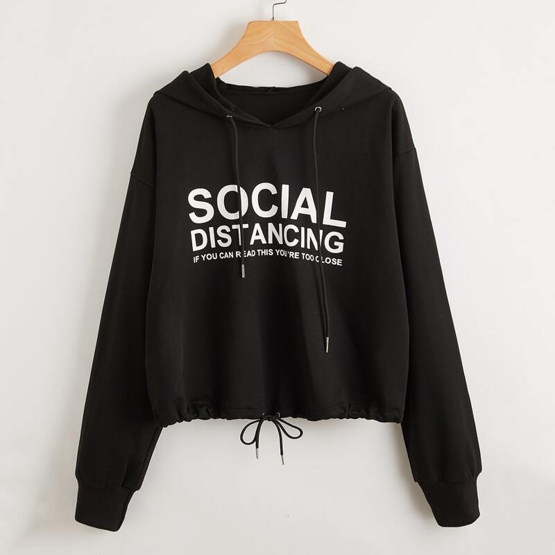 

Drop Shoulder Slogan Graphic Drawstring Hoodie, Black