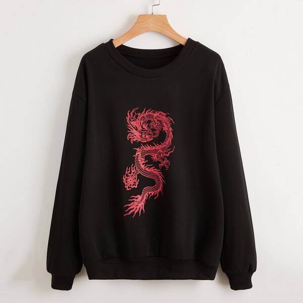 

Chinese Dragon Graphic Drop Shoulder Sweatshirt, Black