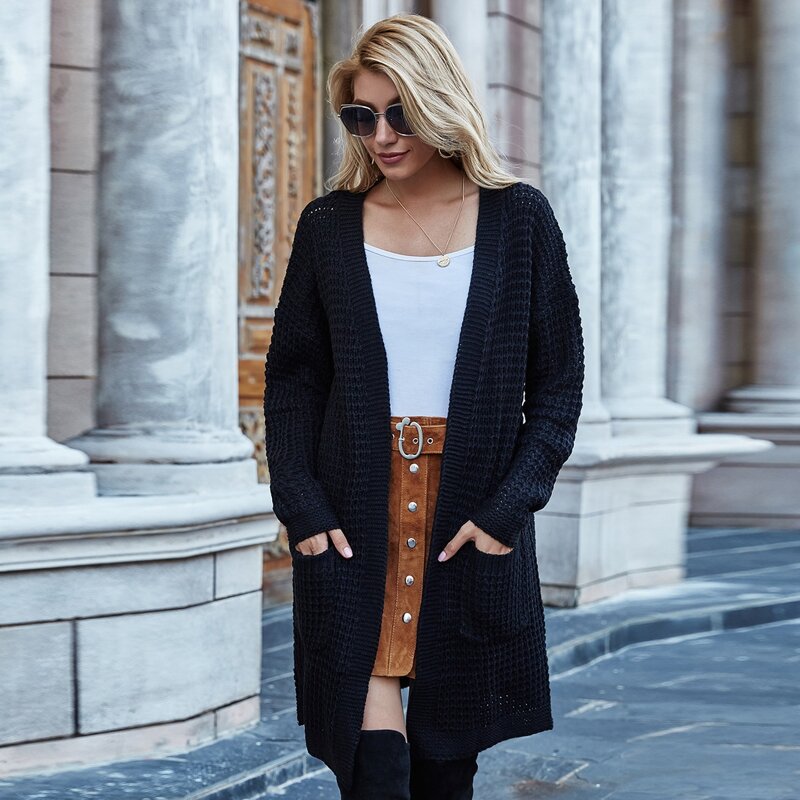 Dual Pocket Open Front Cardigan, Black