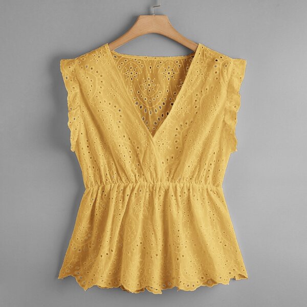 

Plus Surplice Neck Wrap Schiffy Blouse, Mustard yellow