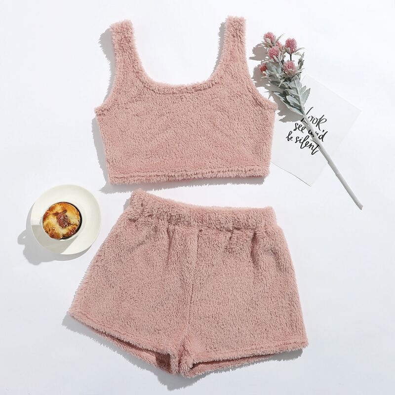 

Flannel Crop Tank Top With Shorts Lounge Set, Dusty pink