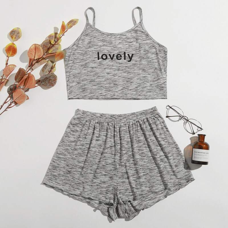 

Letter Graphic Space Dye Cami Top & Shorts PJ Set, Grey