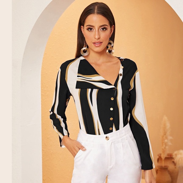 

Asymmetrical Neck Button Front Colorblock Top, Black and white