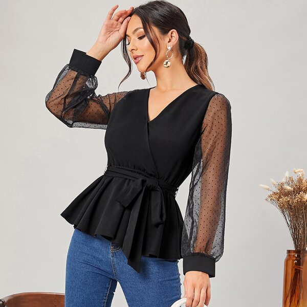 

Sheer Sleeve Ruffle Hem Belted Top, Black